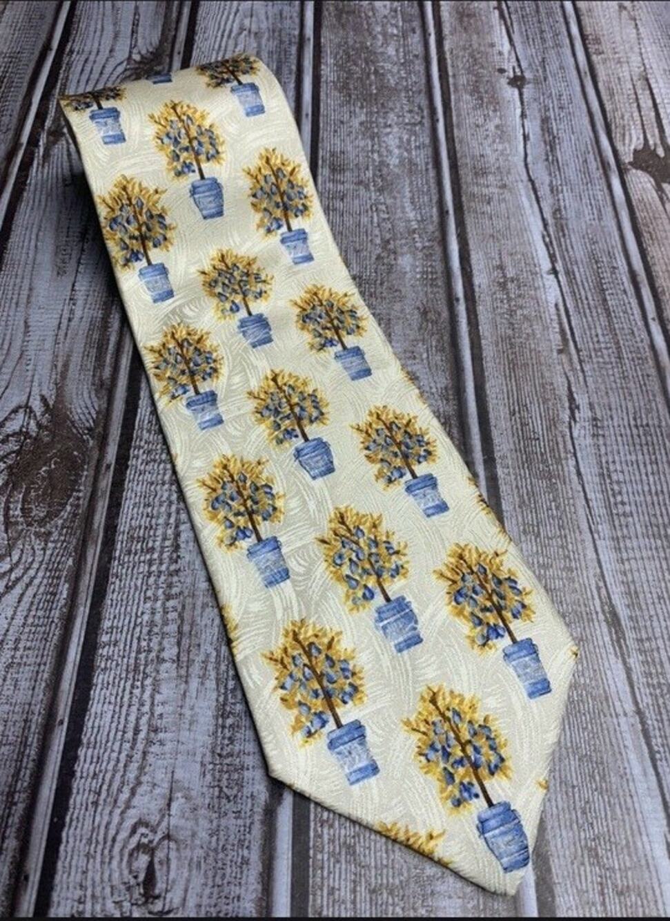 Ermenegildo Zegna Men’s Silk Tie Ivory Blue Gold Topiary Tree Made in Italy